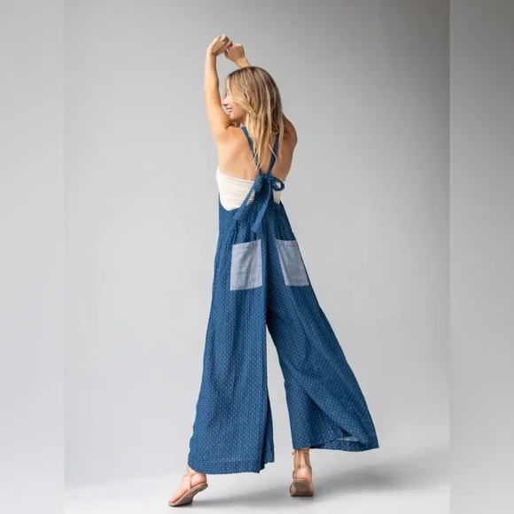 NATURAL LIFE Dakota Tie Overall Blue Polka Dot Gauze Jumpsuit Womens Size S - Picture 2 of 8